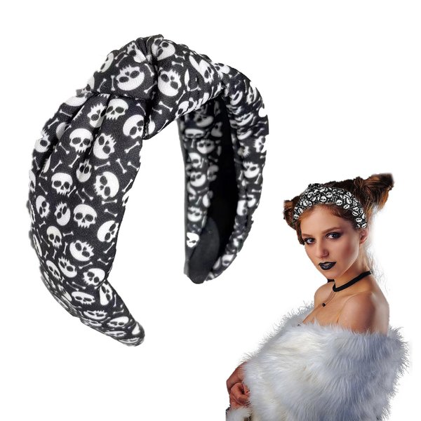 Halloween Skeleton Headband for Women, Halloween Skull Headband Cute Knotted Headband Black Hair Band Non Slip No Damage Head band Hair Accessories Party Favors Gifts for Women
