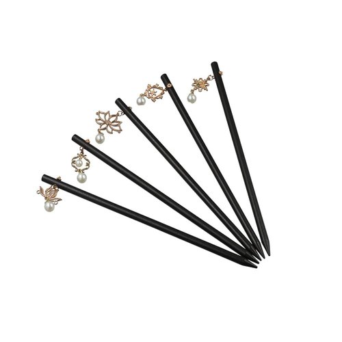 Pokinge 5pcs Wooden Hair Sticks with Tassel,Chinese Style Hanfu Pearl Flower Hairpin,Black Simple Hair Fork For Girls,Elegant Women Hair Clip (7 inch)
