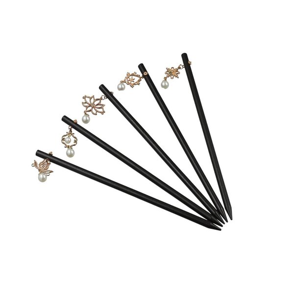 Pokinge 5pcs Wooden Hair Sticks with Tassel,Chinese Style Hanfu Pearl Flower Hairpin,Black Simple Hair Fork For Girls,Elegant Women Hair Clip (7 inch)