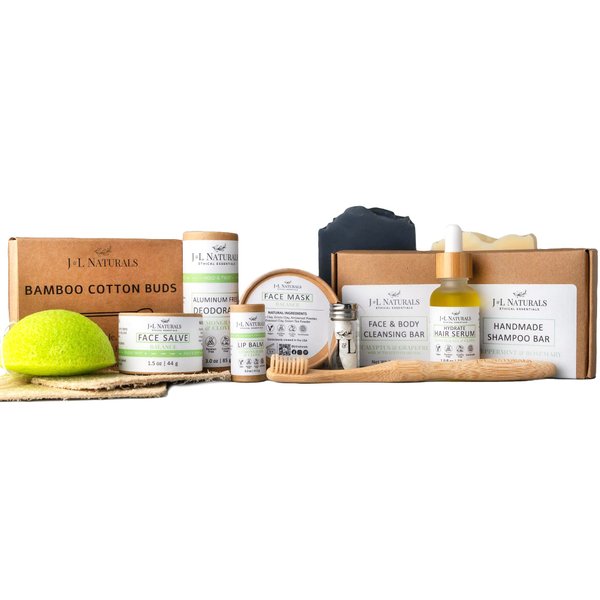 J&L Naturals | Exceptional Self-Care Kit With Cleanser, Konjac Sponge, Face Mask, Face Salve, Lip Balm, Shampoo, Hair Serum, Deodorant, Toothbrush & More (Calm (sensitive, acne-prone), Exceptional)