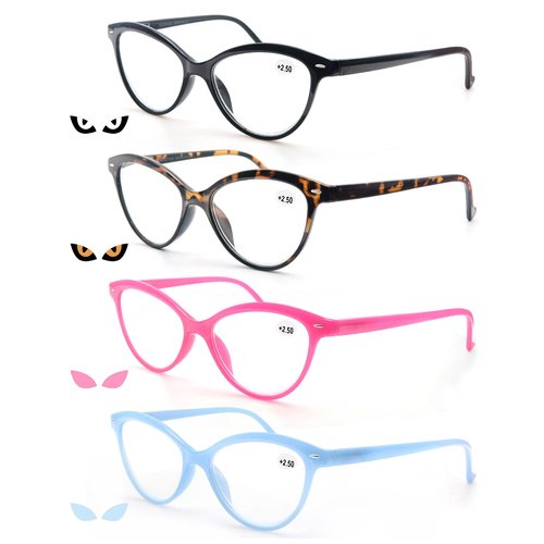 MODFANS Women Reading Glasses 1.5 4 Pack Fashion Colors Cat Eye Readers for Ladies Compact Spring Hinge Lightweight Frame Includes Pocket