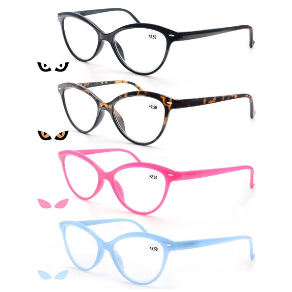 MODFANS Women Reading Glasses 1.5 4 Pack Fashion Colors Cat Eye Readers for Ladies Compact Spring Hinge Lightweight Frame Includes Pocket