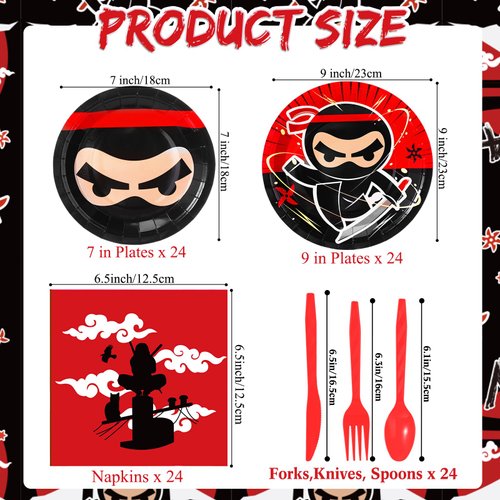 Gejoy 96 Pcs Ninja Birthday Party Supplies Decorations Tableware Kit Include Plates Knives Forks Spoons Napkins for Boy Girls Birthday Party Favors Serve 24 Guests(Boy Style)