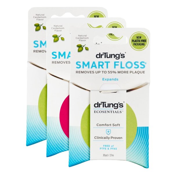 DrTung's Smart Floss - Natural , PTFE & PFAS Free Floss, Gentle on Gums, Expands & Stretches, BPA Free Floss - Natural Dental Floss Cardamom Flavor (Pack of 3)