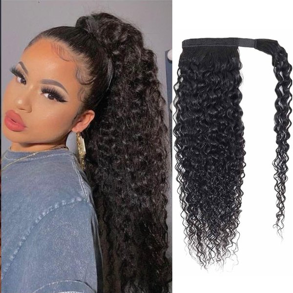 Seelaak Long Curly Human Hair Ponytail Wrap Around Kinky Curly Thick Brazilian Human Hair Extensions Jerry Curl Clip ins Silky Hair Pieces Natural Black for Black Women Update 120g (24 inch)
