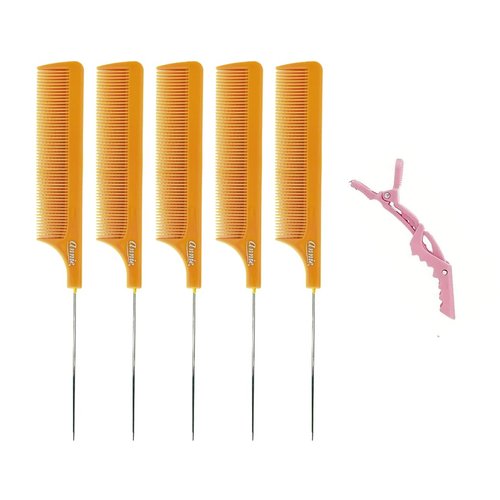 MRS GWEN HAIR & ACCESSORIES Rat Tail 5pcs Pin Tail CombS Anti-static Heat Resistant Fine-Tooth Sectioning Parting Styling Loc Comb & an Alligator Hair Clip (5 pcs Honey Orange)