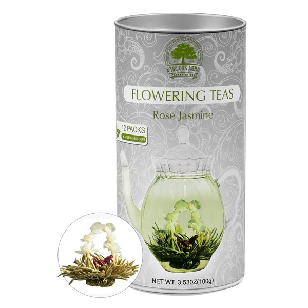 Flowering teas - Handcrafted with Natural Green Tea Leaves and Edible Flowers - 12 Pack Gift Jars - Makes 250 Cups (Rose Jasmine)