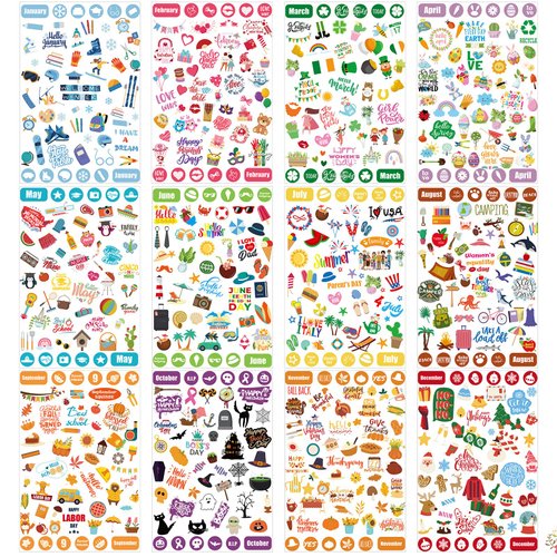 24 Sheets Daily Planners Monthly Celebrations Planner Stickers for Calendar Decorating, Planning, Scrapbooking, Holiday Seasonal General Events, 1,100+ Stickers Per Pack