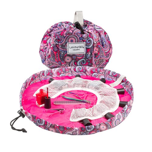 Lay-n-Go Nail Spa Drawstring Cosmetic Acrylic Nail Polish Holder, Organizer & Toiletry Bag for Travel, and Daily Use with a Durable Patented Design, 18 inch, Pretty In Paisley (Pink Pattern)