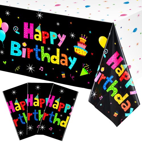 Tegeme 3 Pieces Happy Birthday Tablecloth Colorful Rainbow Birthday Party Table Cover Plastic Birthday Tablecloth for Birthday Party Baby Shower Decorations Supplies 54 x 108 Inch