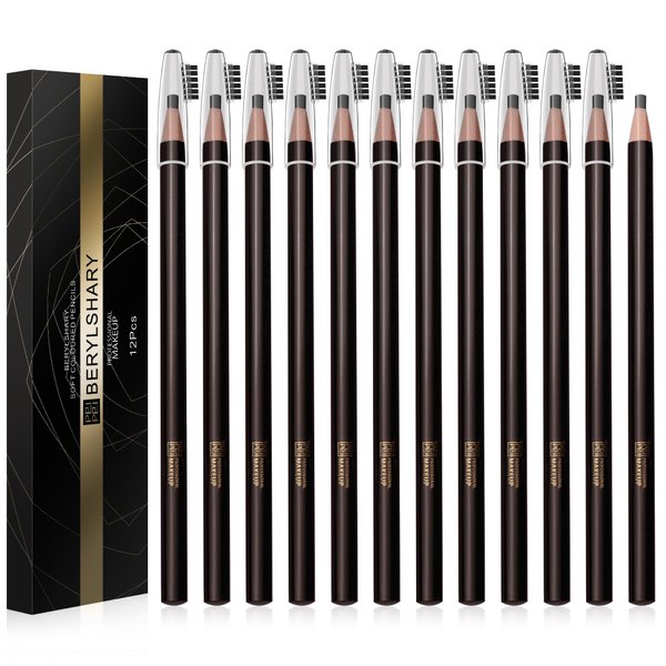 BERYLSHARY waterproof pull eyebrow pencil, 12 pieces, dark brown, light brown, black, sweat resistant, long-lasting and non discoloring, essential for beginners (12 PCS Light brown)