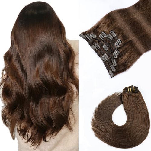 VINBAO Clip in Human Hair Extensions Chocolate Brown Clip in Hair Extensions Brown For Women 16in 7pcs 140g Dark Brown Human Hair Extensions Human Hair Clip in Extensions (#HC4,16'')