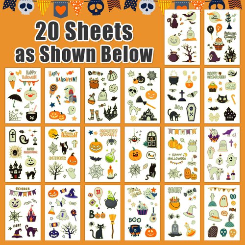 Partywind 195 Styles (20 Sheets) Glow Halloween Temporary Tattoos Party Decorations, Luminous Halloween Party Supplies for Kids Boys Girls, Halloween Treats Games for Party