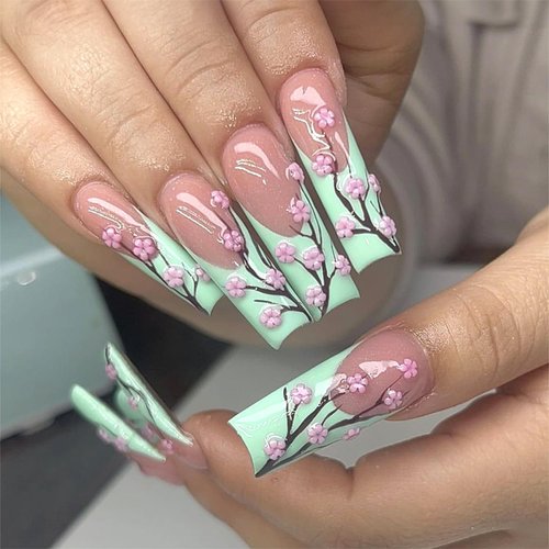 Green French Tip Press on Nails Extra Long Ballerina Coffin Nails 3D Pink Flower False Nails Glossy Full Cover Artificial Fake Nails Reusable Stick on Nails with Glue on Nails for Women DIY Manicure