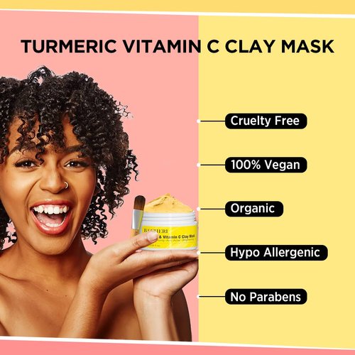 BACHERI Turmeric Vitamin C Clay Mask, Blackheads Acne Dark Spots Remover with Turmeric Extract, Turmeric Clay Mud Mask for Glowing Skin, Refining Pores and Controlling Oil