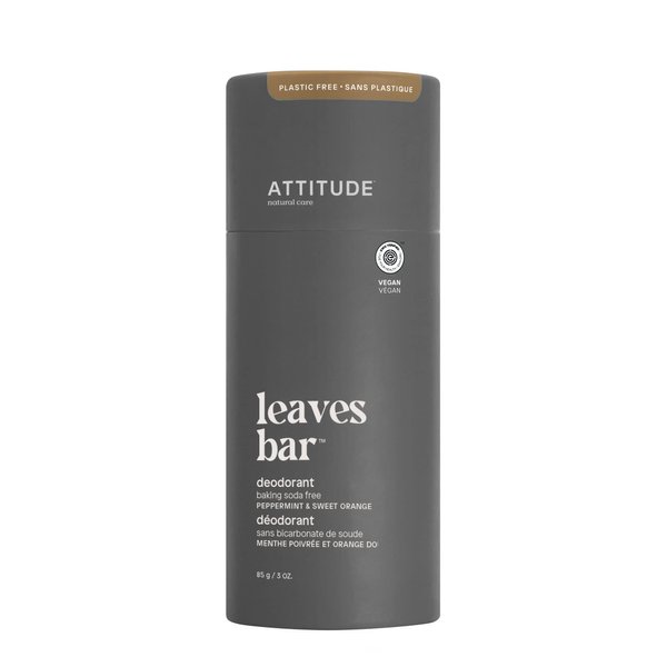 ATTITUDE Plastic-Free Deodorant, Aluminum Free, Baking-Soda Free, EWG Verified Body Care, Vegan and Cruelty-free, Peppermint and Sweet Orange, 3 Ounces