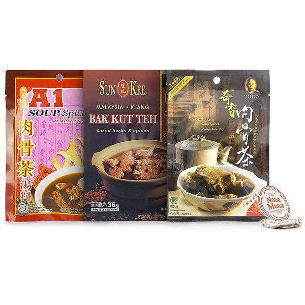 Malaysia Traditional Branded Klang Bak Kut Teh Bundle Set (Sun Kee + Kee Hiong + A1) Mix Herbs and Spices Soup Seasoning + 5's Nona Manis Disposable Coaster