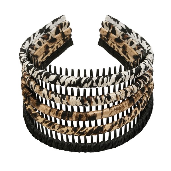 WOWOVOWOVO Headbands for Women Girls Men, Plastic Thin Hairbands with Teeth, Fashion Non Slip Elastic Black Leopard Printed Comb Head Bands for Thick Hair Accessories (5 Packs)