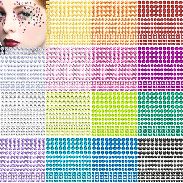 2580 Pcs Self Adhesive Rhinestones for Makeup Eyes 15 Colors Rainbow Rhinestones Face Jewels Face Gems Stick on, DIY Nail Makeup 3mm 4mm 5mm