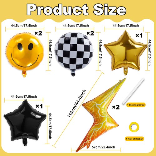 Ckepvo Smile Face Checkered Balloons,18 Inch Lightning Bolt Balloon Smile Face Birthday Decorations,Yellow Happy Face Balloons For Birthday Wedding Decor (A-Smiley Face)