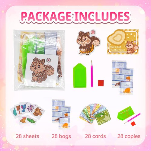 VOOADA Valentines Day Cards for Kids,Perfect 28 Pack Animal Buddies Painting Arts Crafts Kits for Kids School Classroom Birthday Party, Diamond Art Stickers Party Favors Packs for Boys Girls Gift
