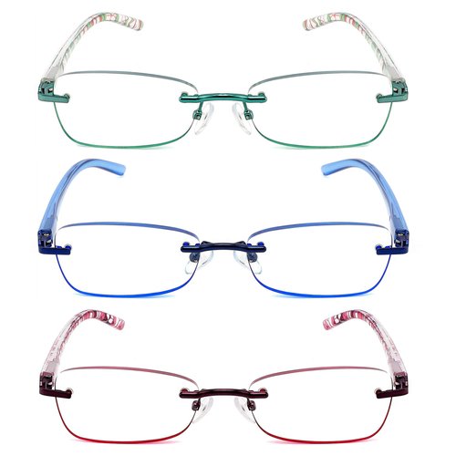 JJWELL 3 Pack Blue Light Blocking Reading Glasses for Women, Anti Eyestrain/Computer Glare UV 400 Filter Readers with Spring Hinge, Lightweight Rimless Tinted Metal Blue Rays Eyeglasses (1.50)
