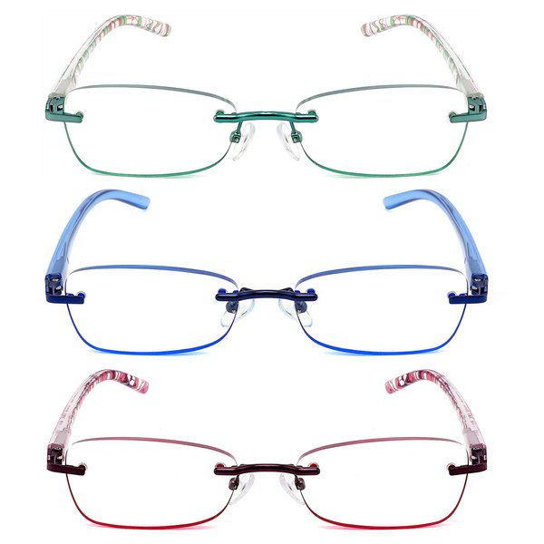 JJWELL 3 Pack Blue Light Blocking Reading Glasses for Women, Anti Eyestrain/Computer Glare UV 400 Filter Readers with Spring Hinge, Lightweight Rimless Tinted Metal Blue Rays Eyeglasses (1.50)