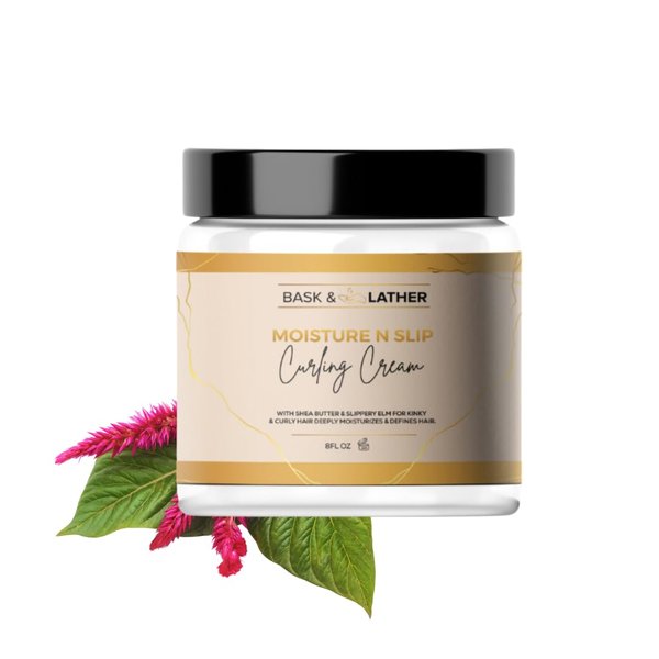 BASK & LATHER Moisture n Slip Curling Cream with Amaranth Extract, Grapeseed Oil & Slippery Elm, Enhances Curl Definition, Bounce, Reduces Frizz & Breakage, Deep Moisturization, Detangles, 9oz