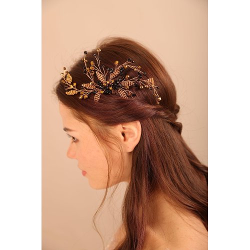 BERYUAN Black Crystal Gold Beads Hair Comb Crystal Beads Wedding Hair Piece Gold Bride Headband Boho Style Elegant Hair Accessory for Brides Bridesmaid