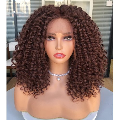 Annivia 16inch Curly Lace Front Wigs for Black Women Chocolate Brown Short Curly Lace Front Wig Pre Plucked with Baby hair,Synthetic Kinky Afro Short Curly Frontal Hair Wig（Chocolate Brown）