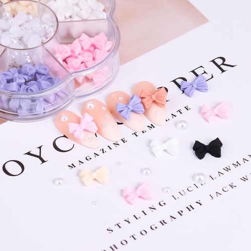 Colorful Resin Bow-Knot Nail Charms Bulk with Compartment Box 3D Butterfly Bow Nail Art Charms for Acrylic Nail with Pearls Bowknot Nail Accessories for DIY Nail Decoration-Butterfly
