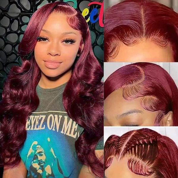 Burgundy Body Wave Lace Front Wigs Human Hair 150% Density Wine Red Color Wigs for Women Free Part 13x4 Hd Transparent Lace Front Wigs Pre Plucked with Baby Hair Colored Glueless Wigs (22inch)