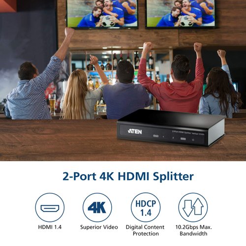ATEN VS182A HDMI Splitter 2 Out 2-Port 4K 1 in Connect PC Camera DVD Media Player in Up to 2 HDMI Displays Projector Monitor TV Out - Up to 4096 x 2160/3840 x 2160 60Hz - Metal