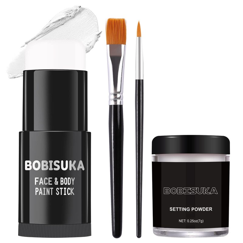 BOBISUKA White Face Paint Stick + Setting Powder+ 2 Paintbrushes Set ...