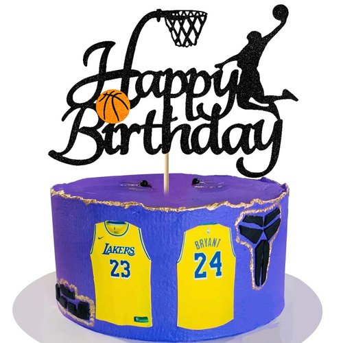 Vivicraft Basketball Theme Cake Topper for Boy Birthday Decorations, Double Sided Glittery Happy Birthday Basketball Cake Toppers for Party Supplies (1pcs, Black)