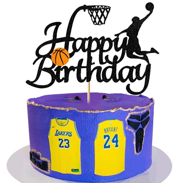 Vivicraft Basketball Theme Cake Topper for Boy Birthday Decorations, Double Sided Glittery Happy Birthday Basketball Cake Toppers for Party Supplies (1pcs, Black)