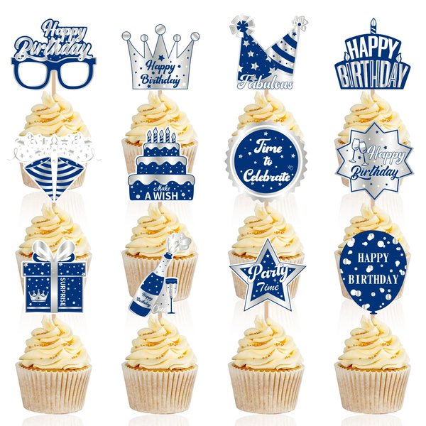 48pcs Blue Silver Birthday Party Supplies,Blue Silver Birthday Party Cupcake Toppers for Kids Gift Blue Silver Birthday Party Favors Kid's Blue Silver Birthday Party cake Decoration Supplies (KK)