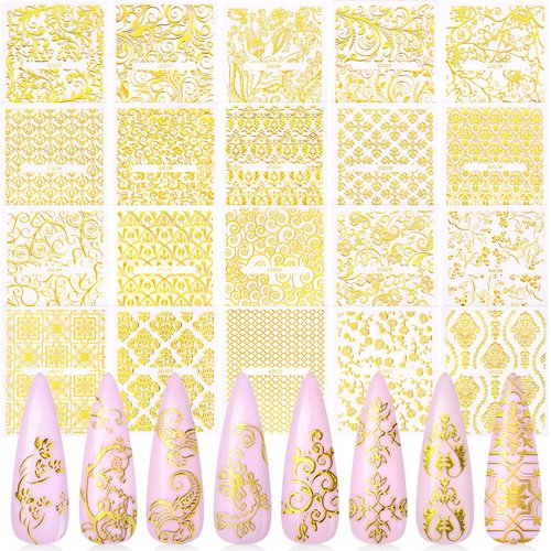 Gold Flowers Nail Art Sticker, KISSBUTY 20 Sheets Metallic Flowers Vine Nail Decals 3D Flower Lace Nail Adhesive Stickers Leaves Nail Art Decor Gold Floral Nail Decor Manicure