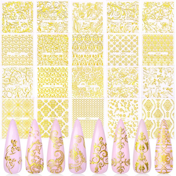 Gold Flowers Nail Art Sticker, KISSBUTY 20 Sheets Metallic Flowers Vine Nail Decals 3D Flower Lace Nail Adhesive Stickers Leaves Nail Art Decor Gold Floral Nail Decor Manicure