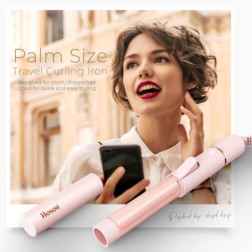 Ceramic Mini Curling Iron for Short Hair, Small Hair Curler Iron for Travel, Dual Voltage Curling Wand for Worldwide Trip(Light Pink)
