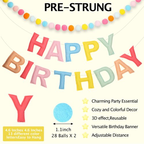 2Pcs 118 Inch Pre-Strung Happy Birthday Banner - Felt Ball Garland -Pastel Happy Birthday Garland Birthday Party Decorations Party Garland for Wall Décor