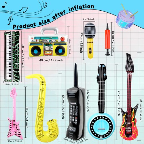 18 Pcs Inflatable Rock Star Instrument Set Include Inflatable Microphone 2 Inflata Guitar 1 Mobile Phone Recorder Piano Saxophone Bass 4 Lute with 1 Pump for 80s 91s Themed Birthday Party Decorations
