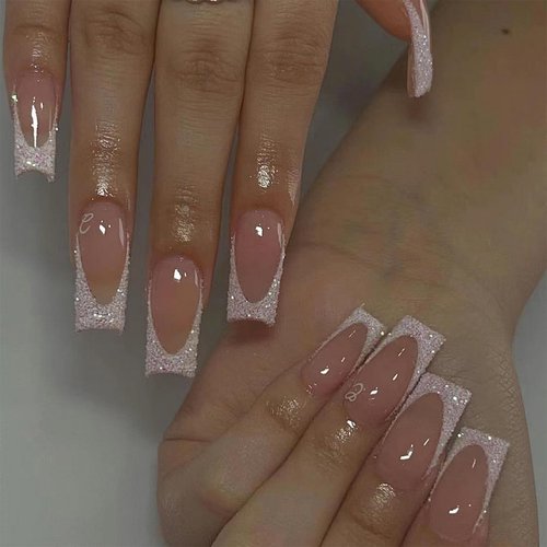 Mkwntg White Glitter French Tip Press on Nails Medium Long Square Fake Nails Shiny Stick on Nails Glossy French False Nails Reusable Full Cover Glue on Nails for Women DIY Manicure Decoration 24Pcs