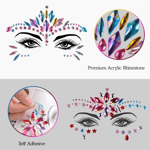 RHEIN Face Gems- 10 Sets Mermaid Self Adhesive Face Jewels for Hair, Body, Nails, Eye Makeup , Crystal DIY Temporary Rhinestones Stickers Festival Decorations