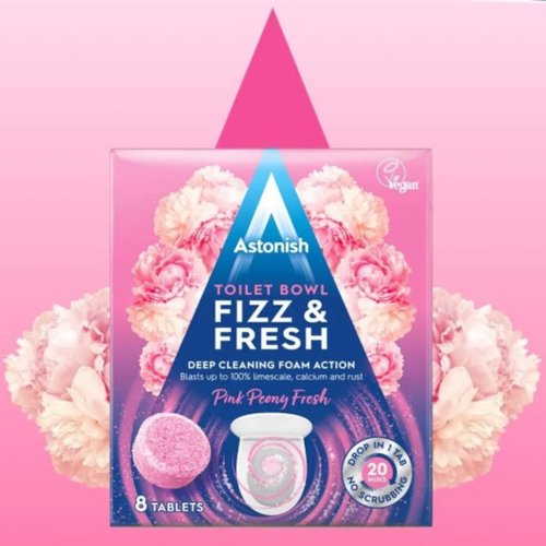 Astonish Foaming Pink Peony Toilet Bowl Cleaner - Deep Cleaning Limescale, Calcium & Rust - No Bottle, Removes Hard Stains - Box of 8 Tablets