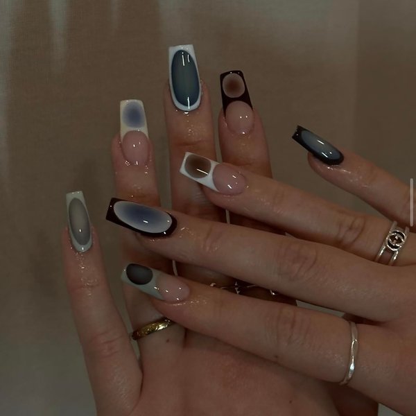 SINHOT French Tip Press on Nails Long Square Fake Nails Blue Chrome Acrylic Nails Glossy Glue on Nails Squoval Artificial Nails Stick on False Nails with Design 24 pcs