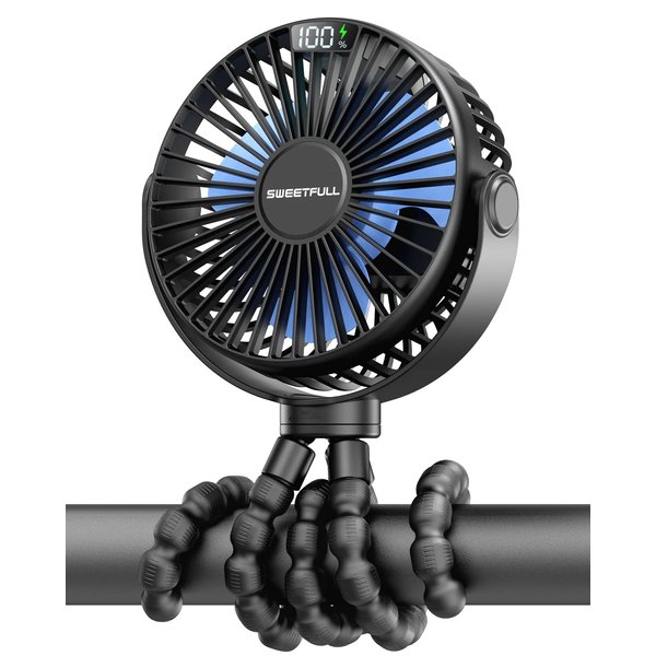 SWEETFULL Portable Stroller Fan, LED Display 6000mAh Battery Operated Mini Clip Fan, 4 Speed Rechargeable Small Personal Fan Handheld Desk Cooling Fan for Car Seat Crib Treadmill Travel(Black)