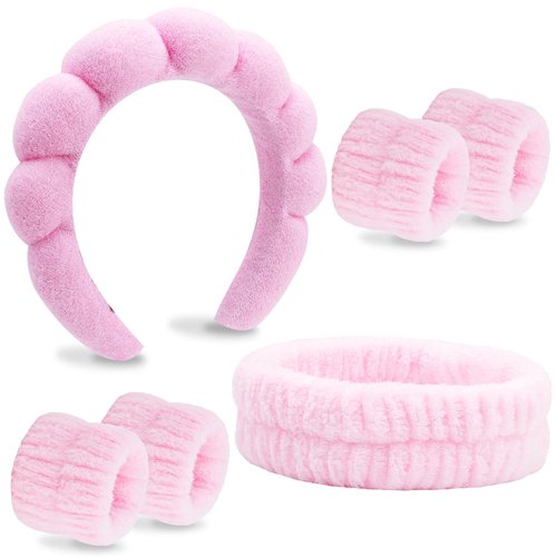 VELSCRUN 6 Pack Spa Headband, Makeup Headband, Face Wash Headband, Skincare Headbands, Pink Bow Tie Hair Band Spa Headband for Washing Face Wristband Set Women Girls Hair Accessories Gifts