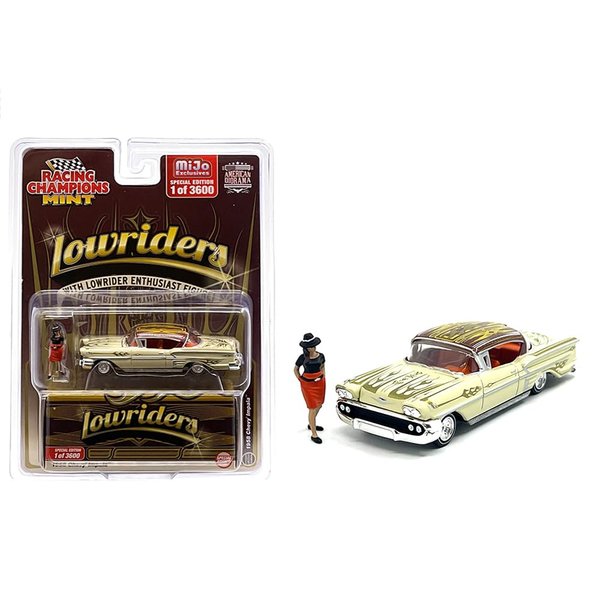 1958 Chevy Impala Lowrider Beige with Graphics and Orange Interior with Diecast Figure Limited Edition to 3600 Pieces Worldwide 1/64 Diecast Model Car by Racing Champions RCCP1012