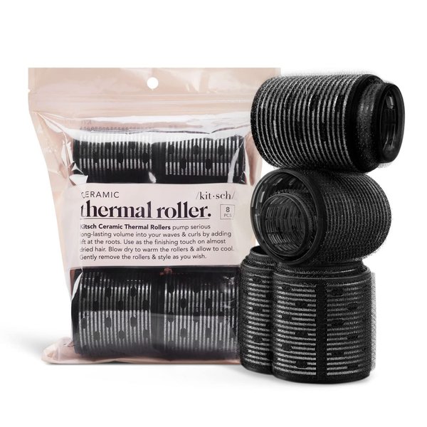 Kitsch Ceramic Hair Rollers | Self Grip Thermal Hair Rollers | Holiday Gift Hair Curlers | Variety Pack | 8 Pcs (Black)